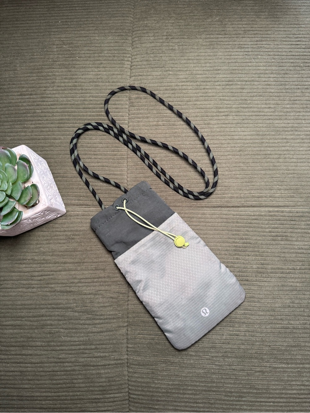 lululemon athletica Gray Drawstring Crossbody Pouch with Black Striped Strap